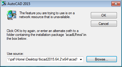 Error dialog box again with additional prompt to navigate to the file acadLP.msi