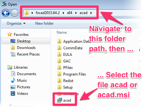 Navigating to and selecting the file x64/acad/acad.msi