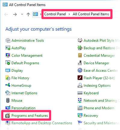 Programs and Features option in Control Panel