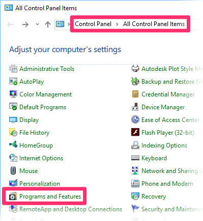 Control Panel, Programs and Features option