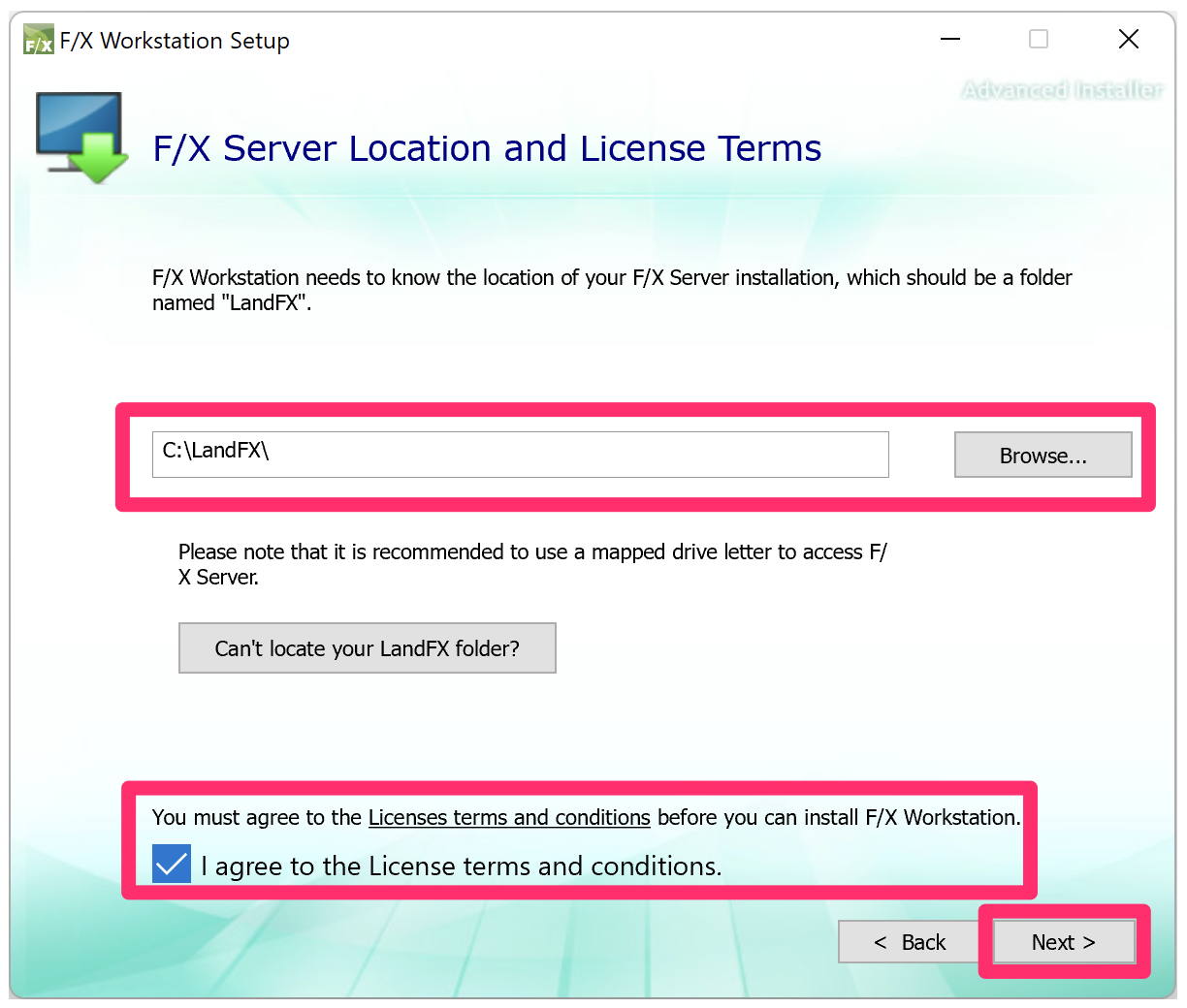 F/X Server Location and License Terms screen