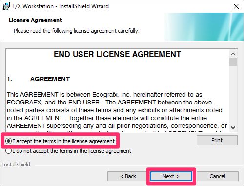 I accept the terms of the license agreement message and Next button