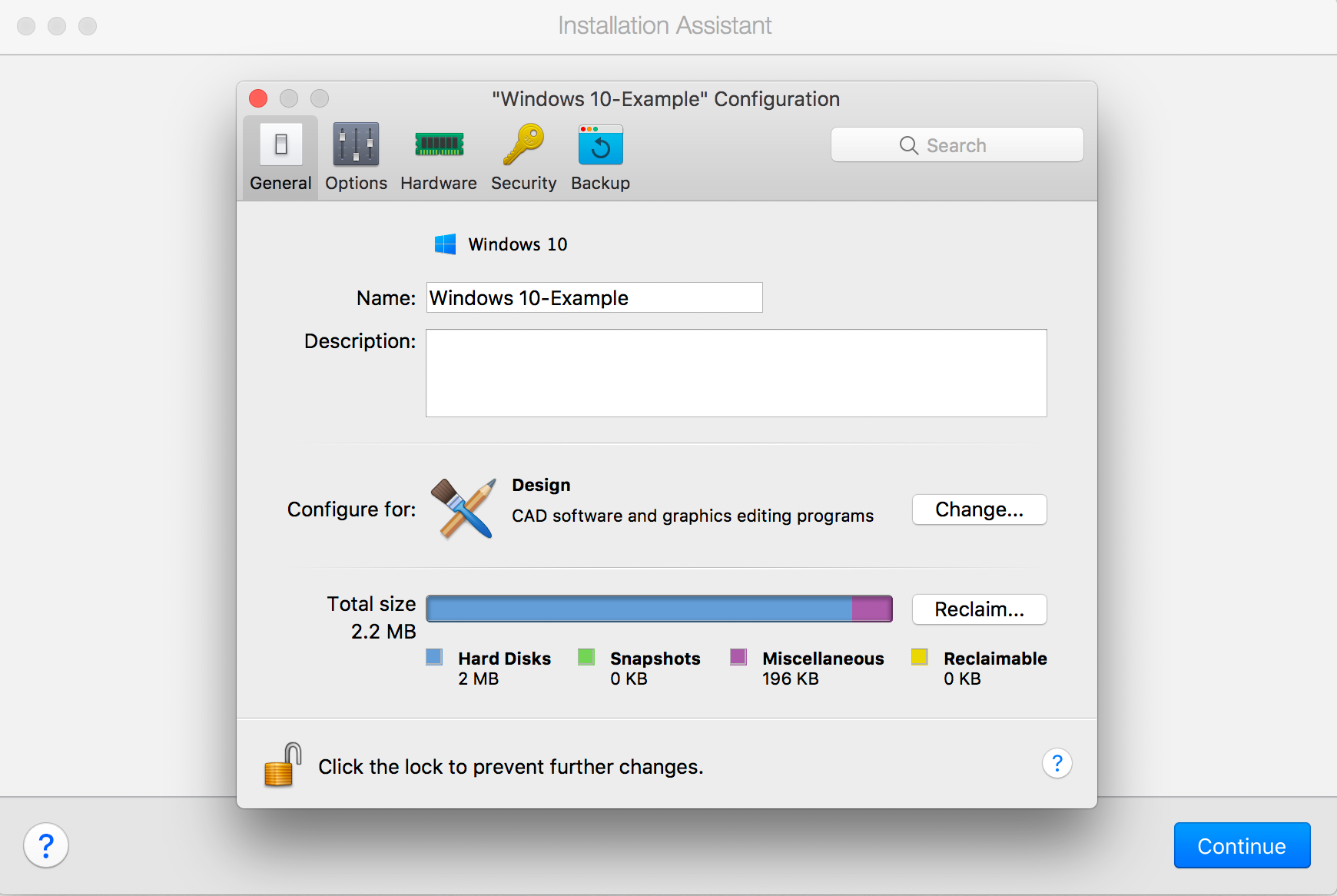 Parallels configuration screen