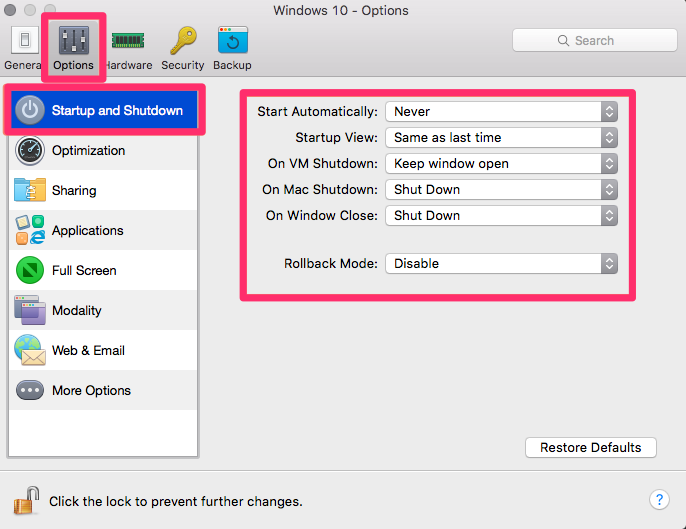 Configuration screen, Options tab, Startup and Shutdown option