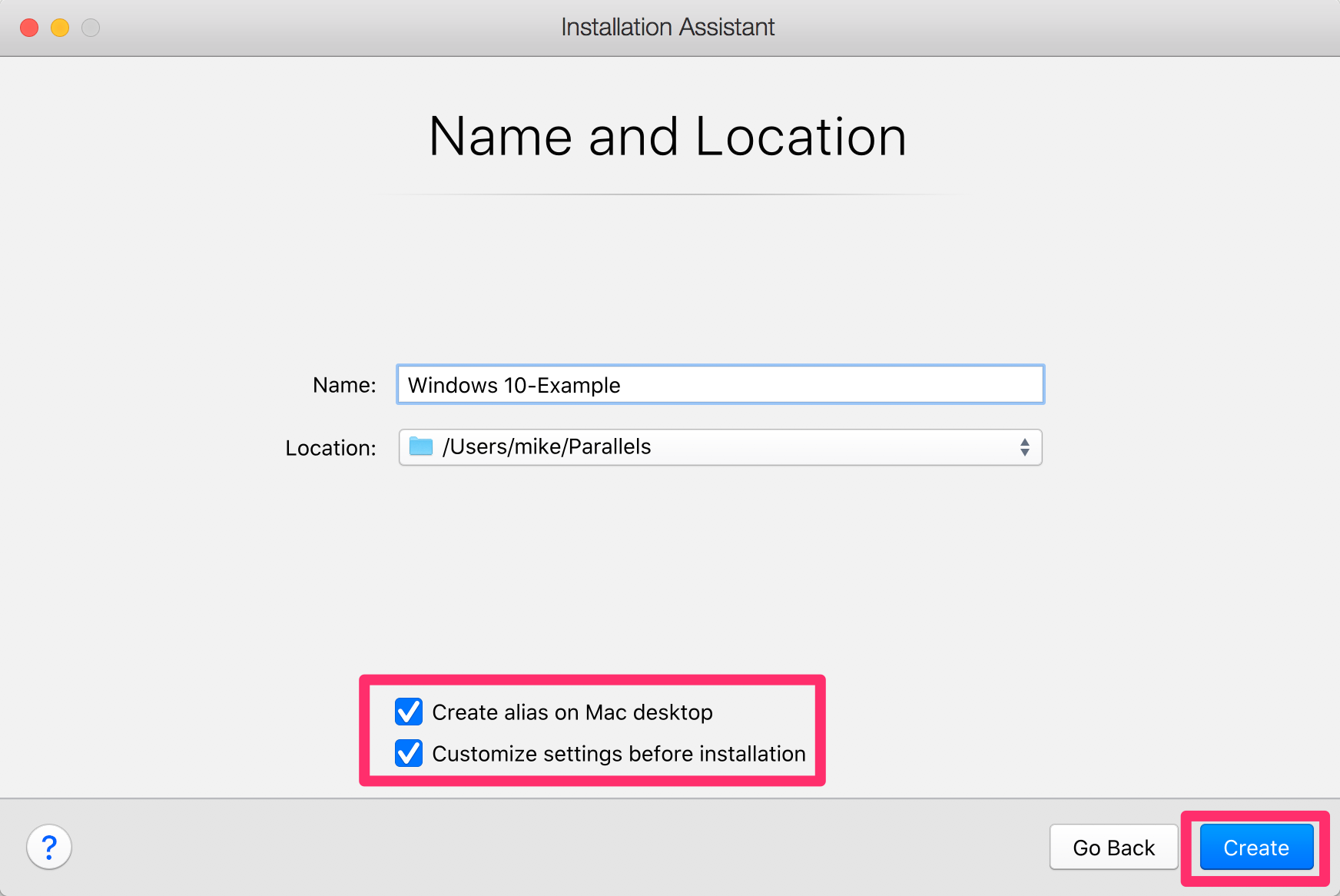 Name and Location screen, Create alias on Mac desktop and Customize settings before installation options