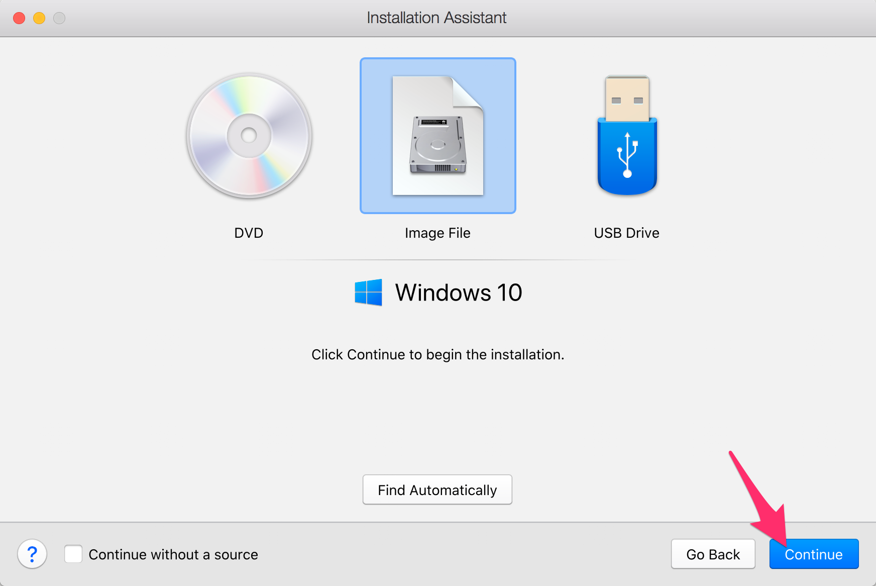 Windows 10 screen, Continue button