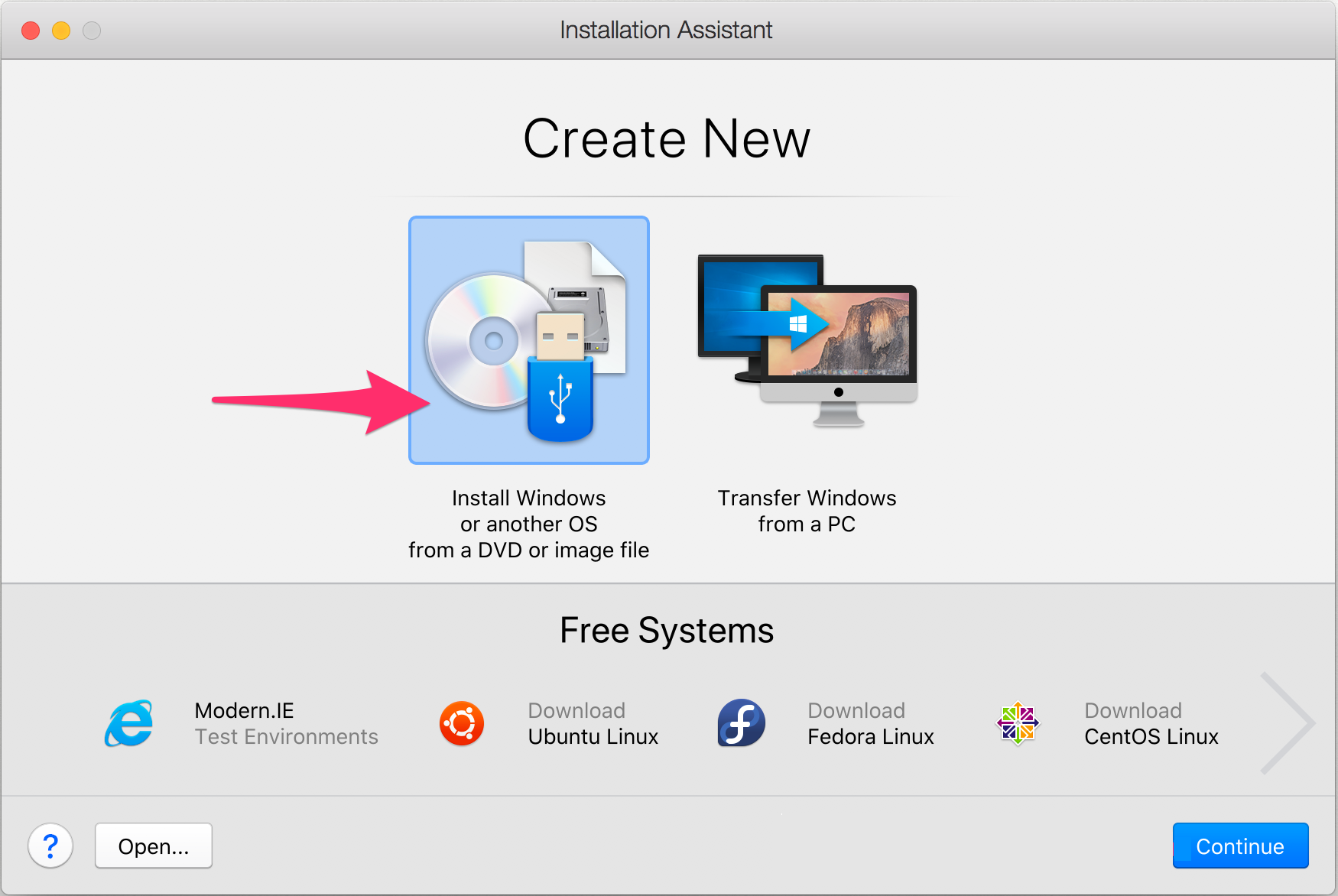 Create New screen, Install Windows or another OS from a DVD or image file message