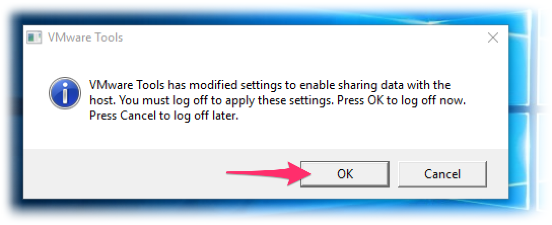 VMware Tools prompt, OK button