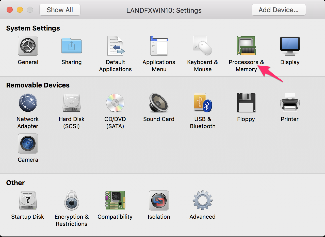 System Settings, Processors and Memory options