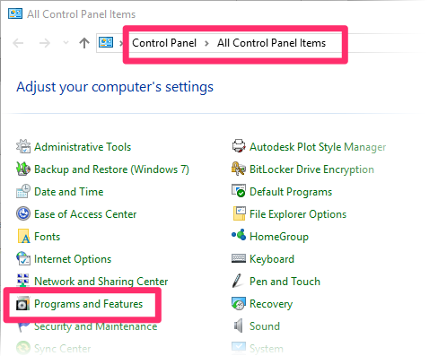 Control Panel, Programs and Features option