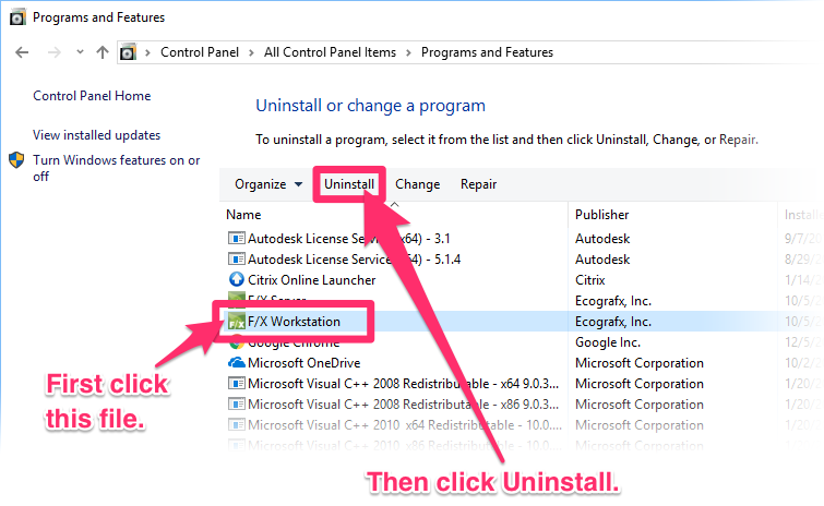 Uninstalling F/X Workstation