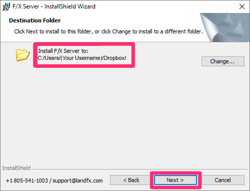 Install server info to screen, LandFX folder location shown, Next button highlighted