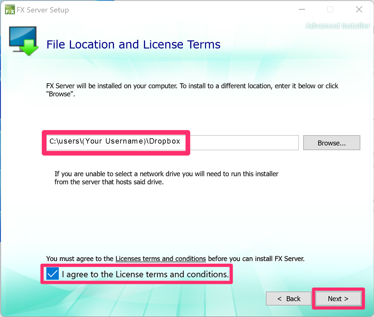 File Location and License Terms screen, shared online location shown