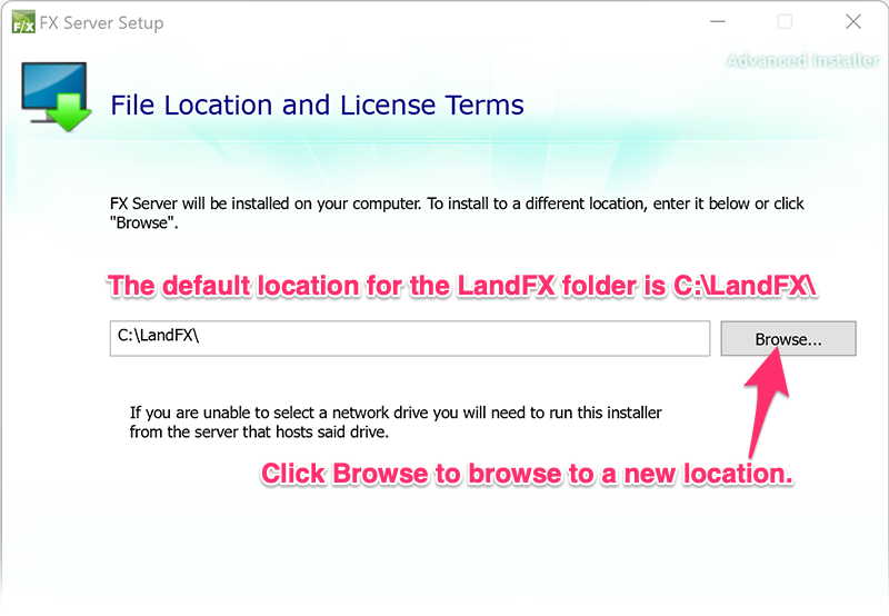 File Location and License Terms screen, Browse button