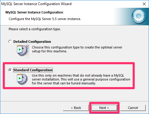 Standard Configuration option, Next button