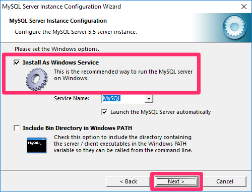 Install As Windows Service option, Next button