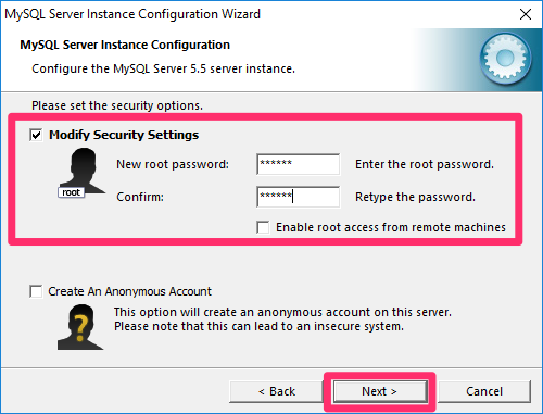 Modify Security Settings option, adding password, Next button