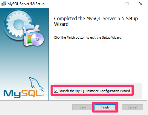 Launch the MySQL Instance Configuration Wizard selected, Finish button