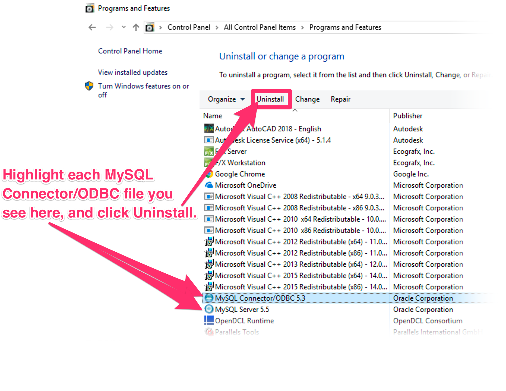 Uninstall all MySQL Connector/ODBC files listed