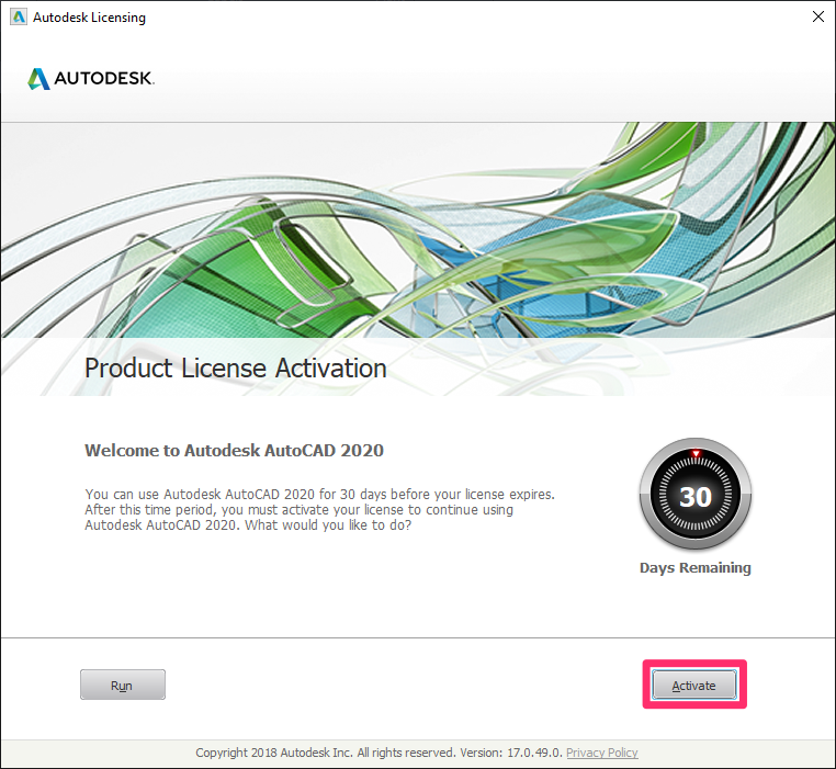 Autodesk Privacy Statement, Activate button
