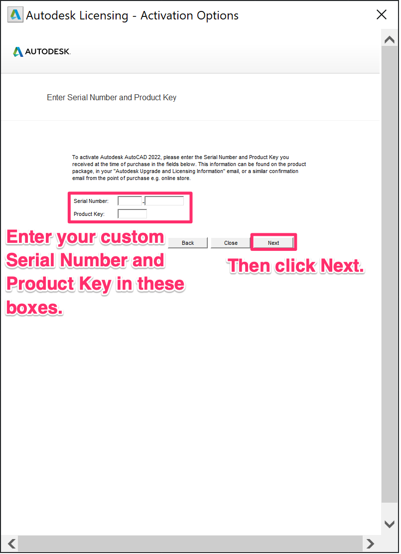 Enter Product Key and Serial Number