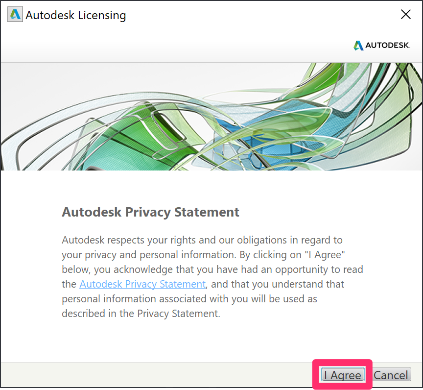 Autodesk Licensing screen, I agree option