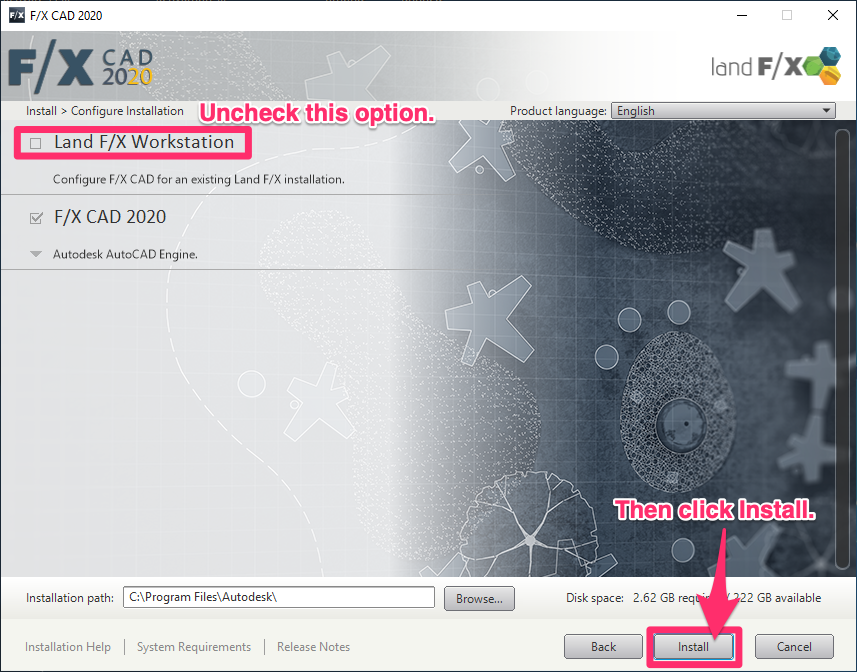F/X CAD installation steps, Land F/X Workstation option unchecked