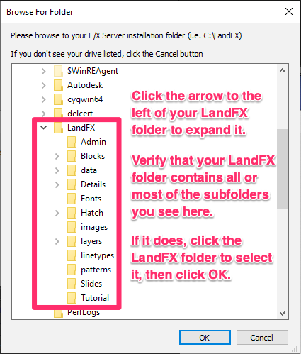 Browsing to the LandFX folder in the Browse for Folder dialog box