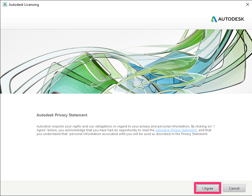 Autodesk Licensing screen, I agree option