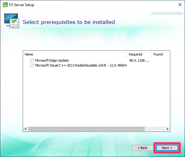 Select Prerequisites to Be Installed screen