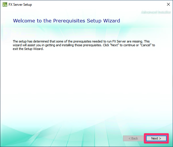 Welcome to the Prerequisites Setup Wizard screen
