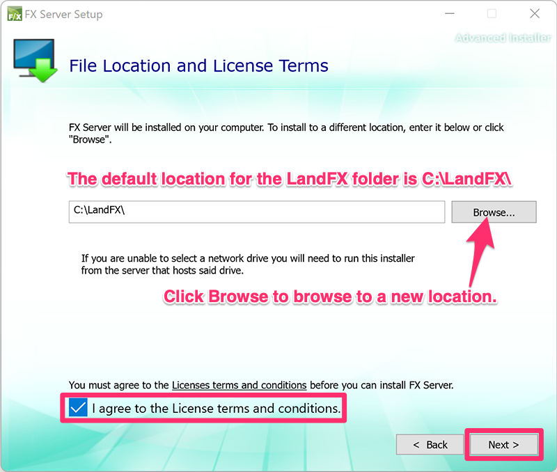 File Location and License Terms Screen