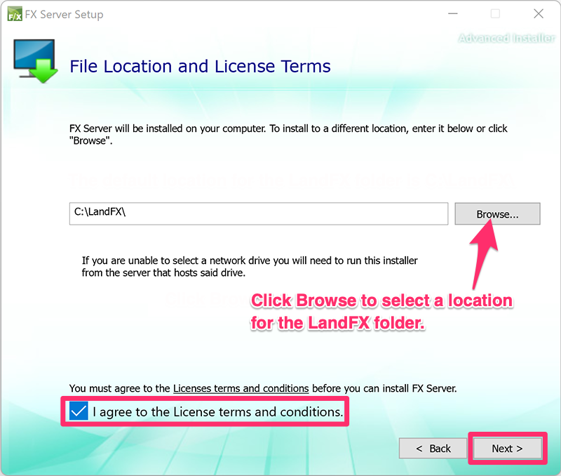 File Location and License Terms screen