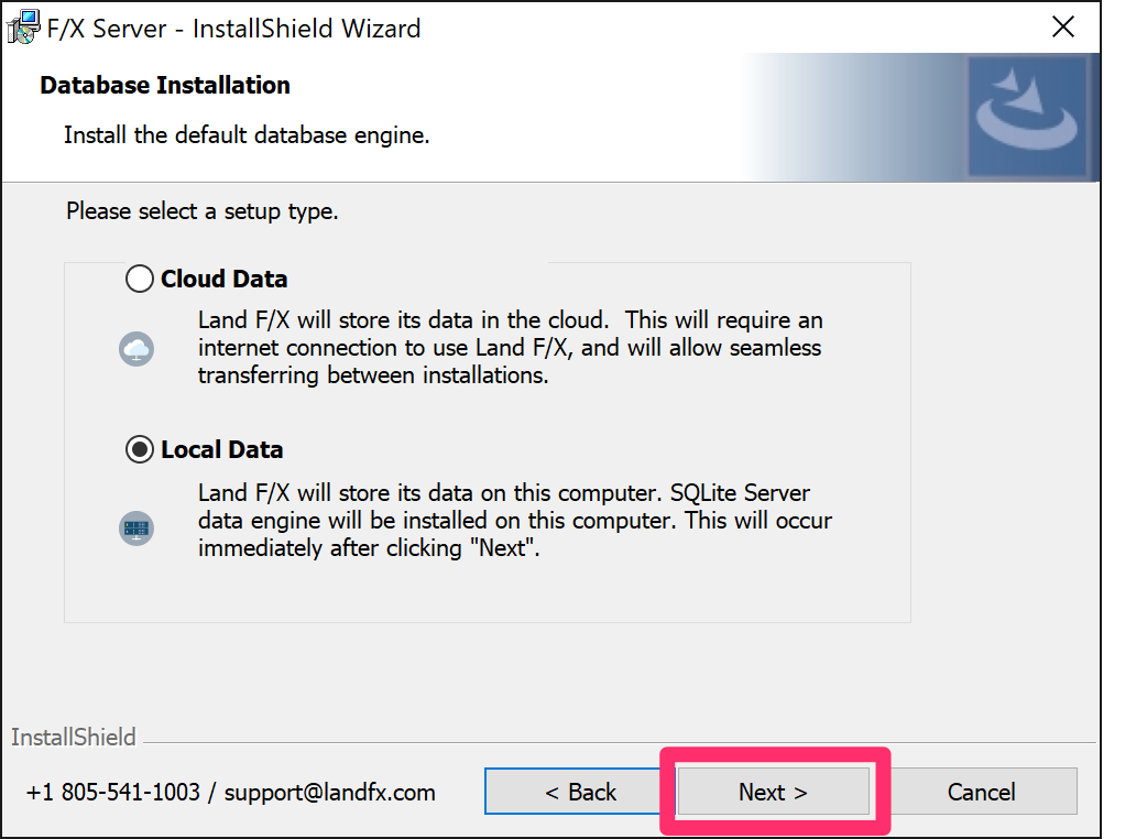 Database Installation: Select Local Data