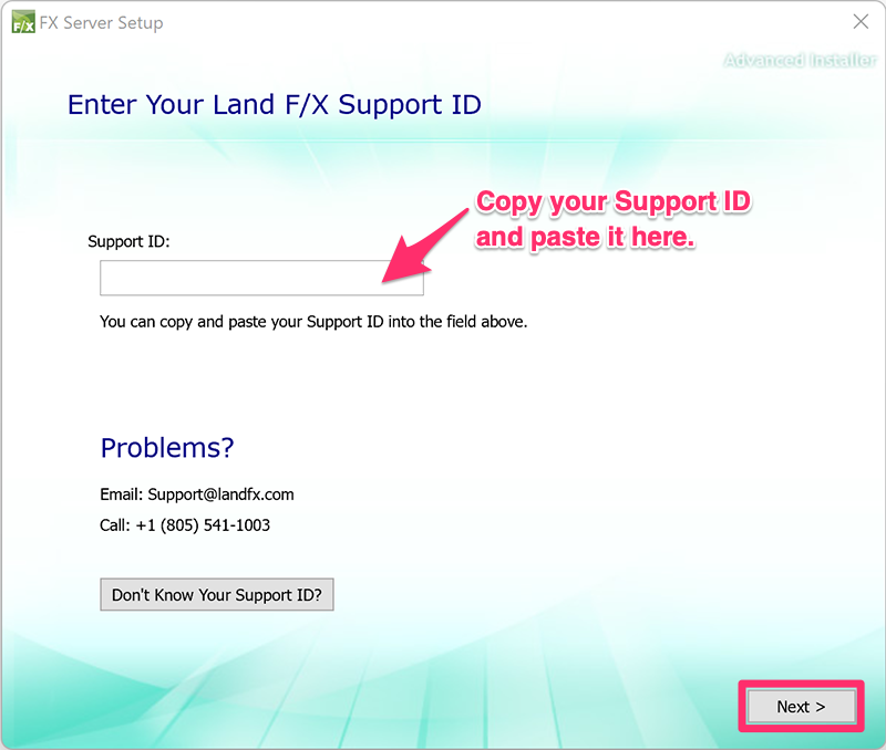 Enter Land F/X Support ID