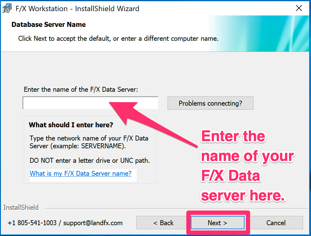 Database Server Name screen