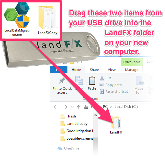 Drag file LocalDataMigration and folder LandFXCopy from USB drive into LandFX folder on new computer
