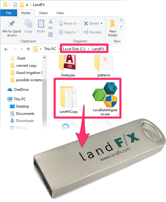 Copying the LandFXCopy folder and LocalDataMigration file from LandFX folder on old computer onto a USB drive