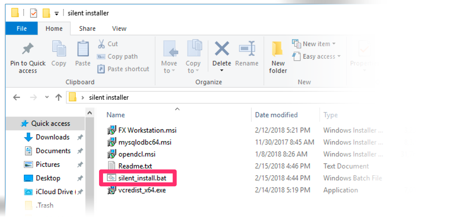 silent installer folder containing the file silent_install.bat