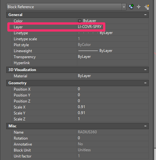 Properteis panel, Layer entry showing LI-COVR-SPRY