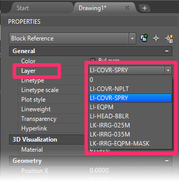 Properties panel, selecting the layer LI-COVR-SPRY from the Layers nemu