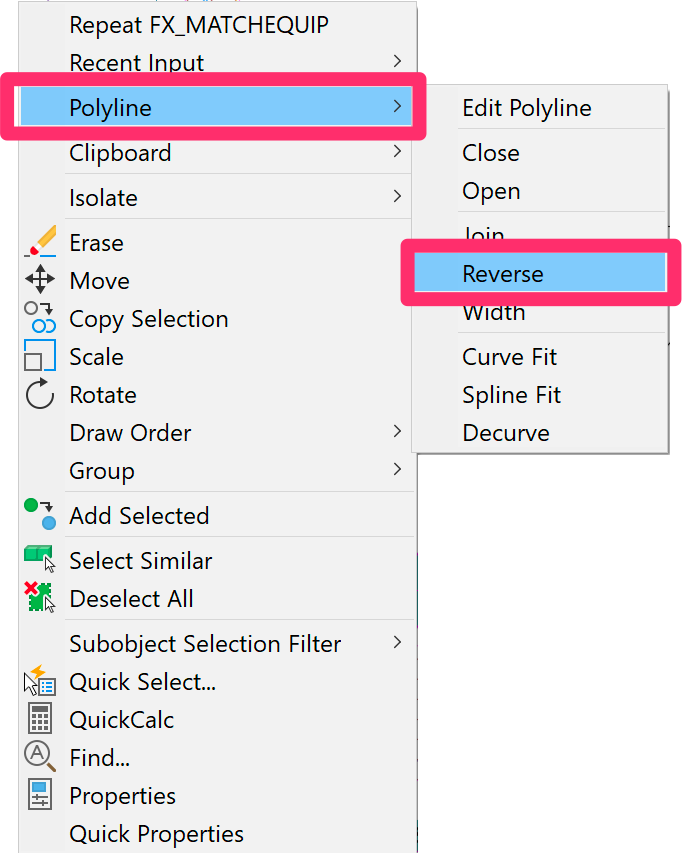 Polyline menu option and Reverse submenu option