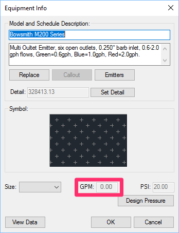 Equipment Info dialog box showing 0 GPM
