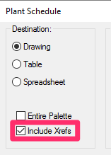 Irrigation Schedule dialog box, Include Xrefs option selected