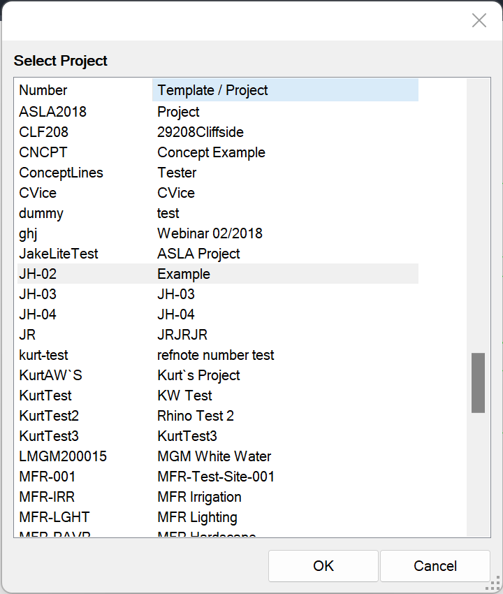 Importing plants from the Select Project dialog box