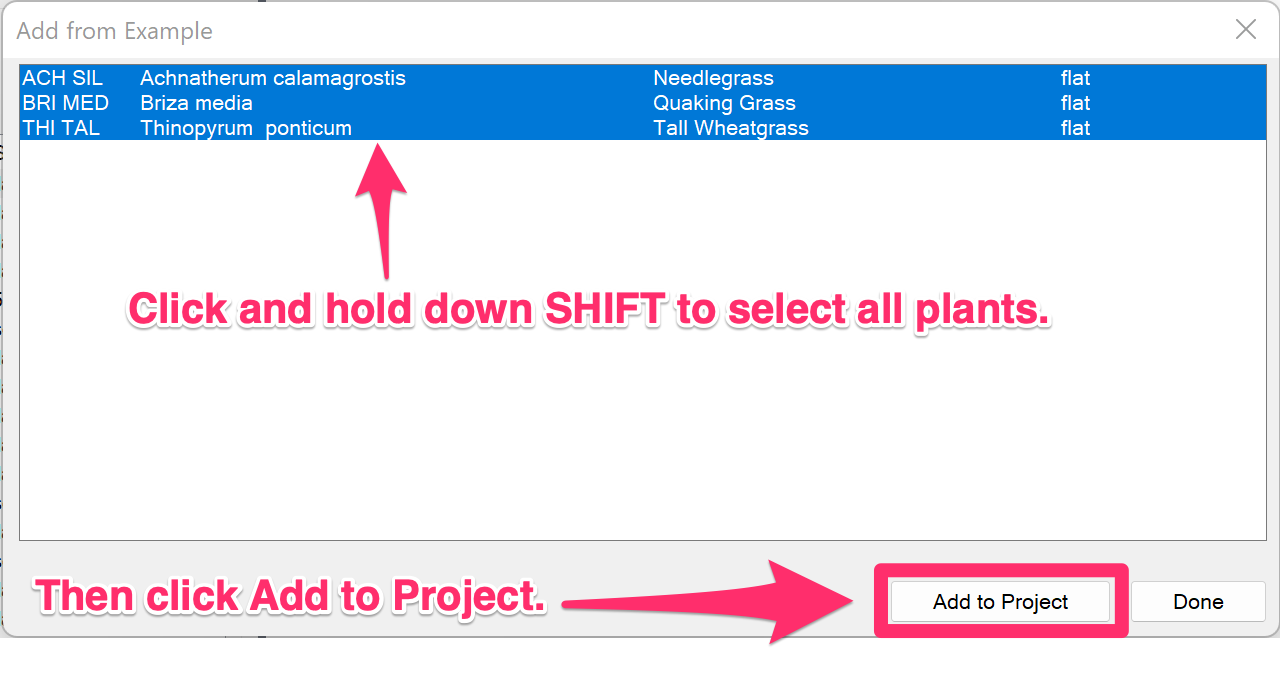 Add from dialog box, selecting plants to import