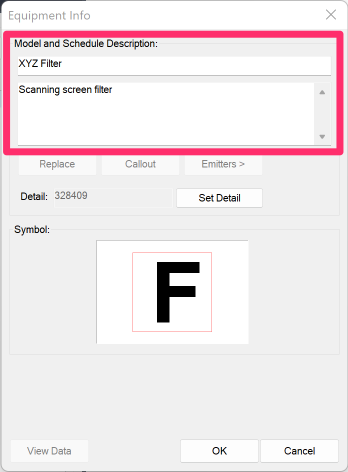 Entering a manufacturer, model, and description in the Equipment Info dialog box