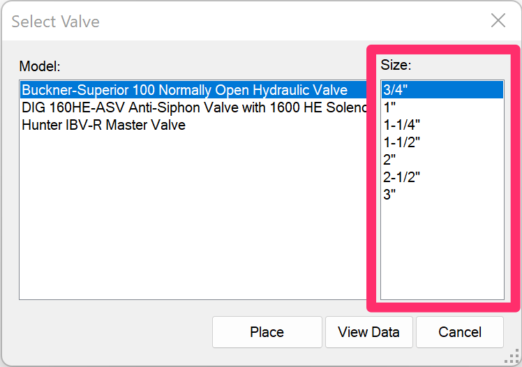 Select Valve dialog box, Size options