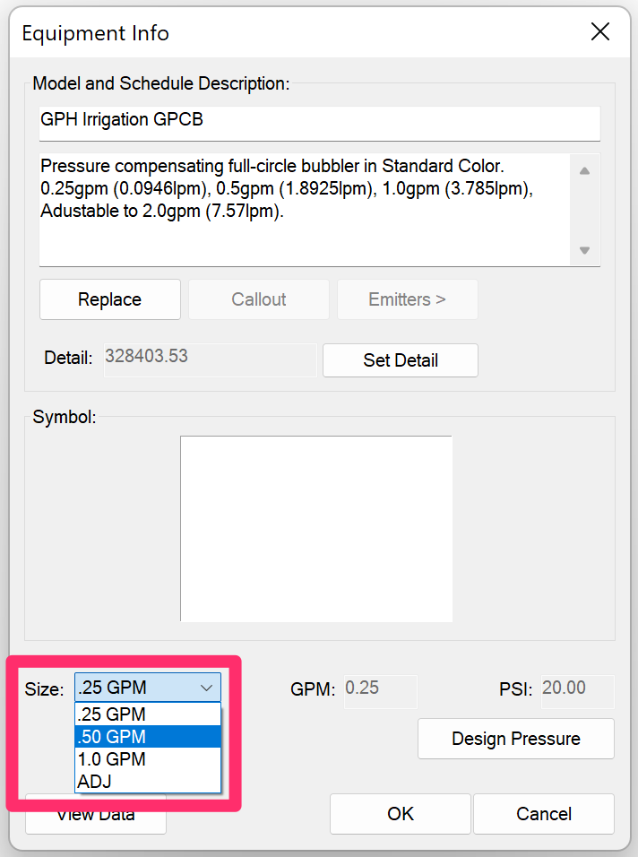 Equipment Info dialog box, Size menu, .5 option