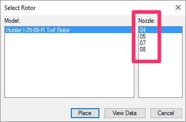 Select Rotor dialog box showing a limited range in the Nozzle section